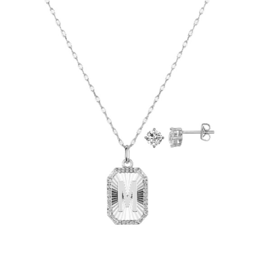 Unwritten Cubic Zirconia Initial Pendant Necklace Stud Earring Set - Silver M